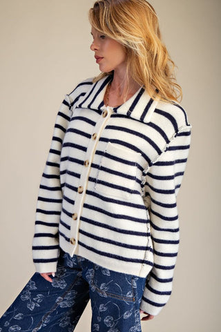 Button Down Striped Knit Cardigan