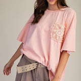 Crochet Pocket Mineral Washed Top - Cotton Coral PREORDER