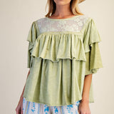 Double Wing Sleeves Washed Ruffle Top PREORDER