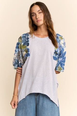 Sequin Floral Mesh Sleeve High-Low Tunic Top - Light Blue  - PREORDER