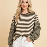 Mixed Pattern Striped and Leopard Patchwork Knit Top - PREORDER