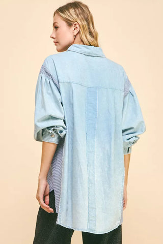 Waffle Button Down Long Sleeve Denim Shirt  - PREORDER