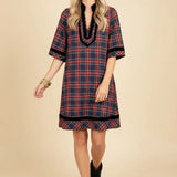 Plaid With Contrast Velvet Trim Shift Mini Dress - PREORDER