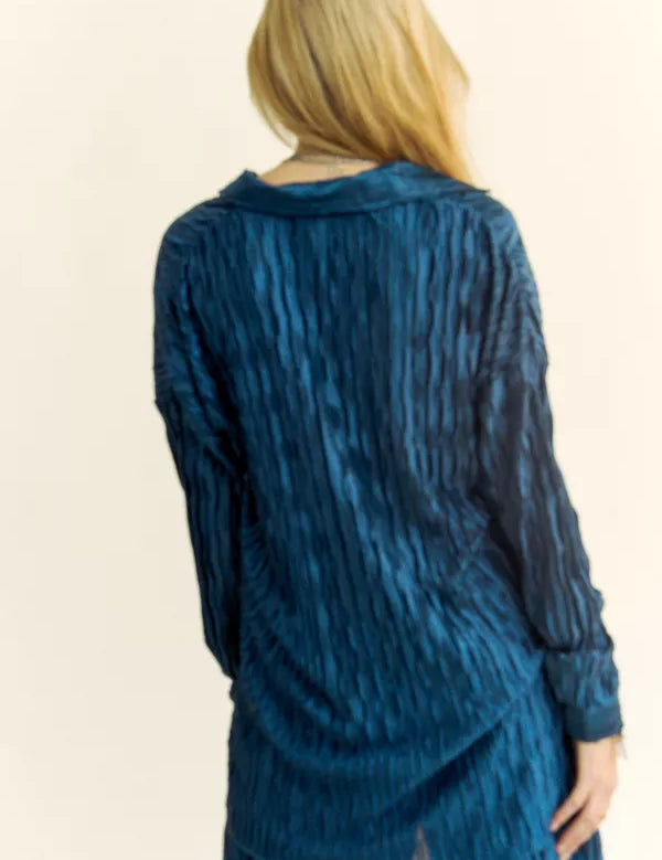 Geo-Pleated Button Down Long Sleeves Shirt Top - LAST ONES FINAL SALE