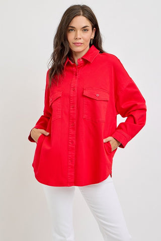 Risen  Denim Shacket with Chest Pockets - Red