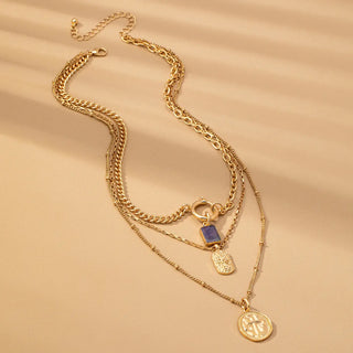 Layer Celestial Cross Blue Stone Charm Necklace