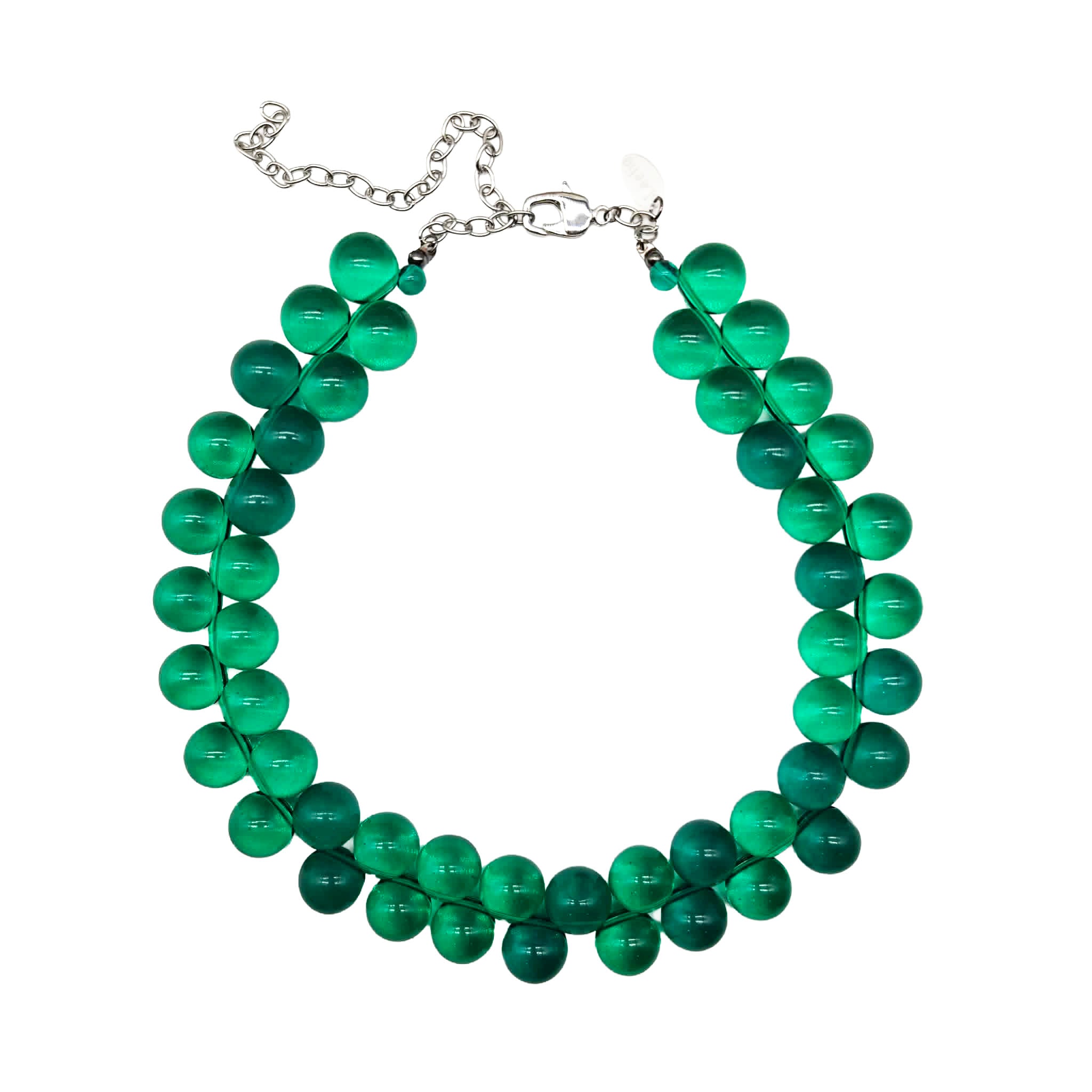 Transparent green beaded necklace on a white background.