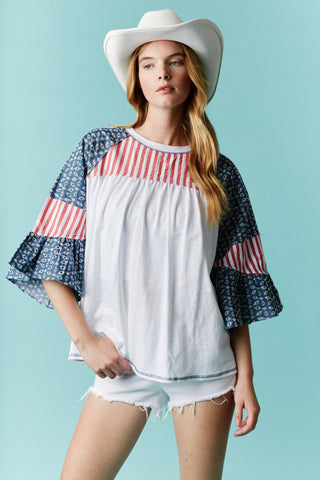 DEAL - Ruffle Sleeve Round Neck Color Block Top  - PREORDER