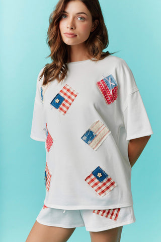 Short Sleeve Round Neck USA Flag Patches Top