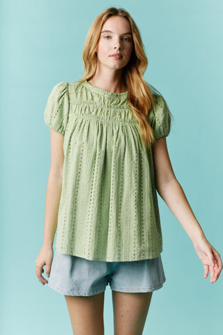 DEAL - Short Bubble Sleeve Tiered Yoke Top - Lime  - PREORDER