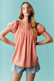 DEAL - Short Bubble Sleeve Tiered Yoke Top - Peach - FINAL SALE
