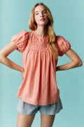 DEAL - Short Bubble Sleeve Tiered Yoke Top - Peach  - PREORDER