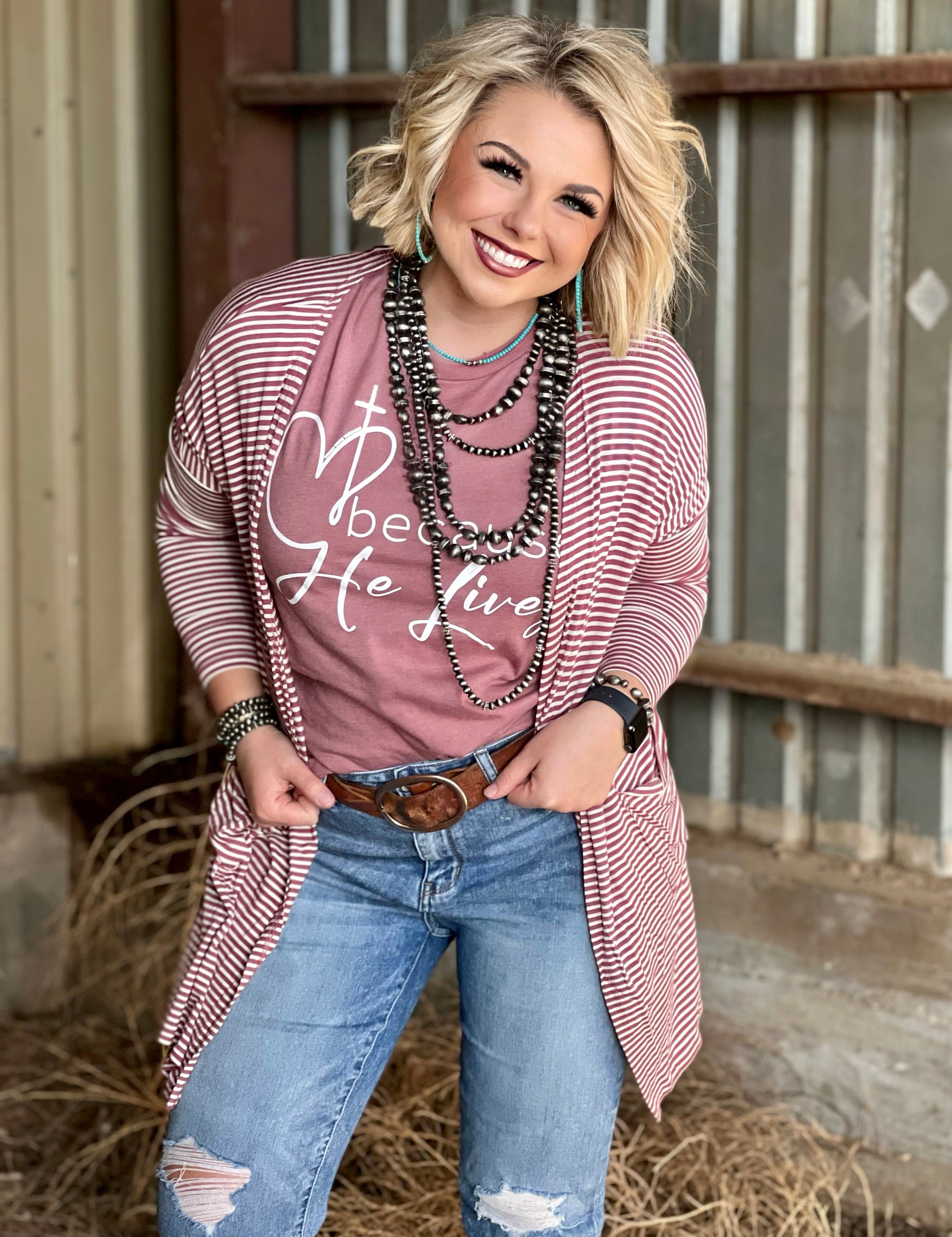 Mauve Striped Mid-Length Cardigan