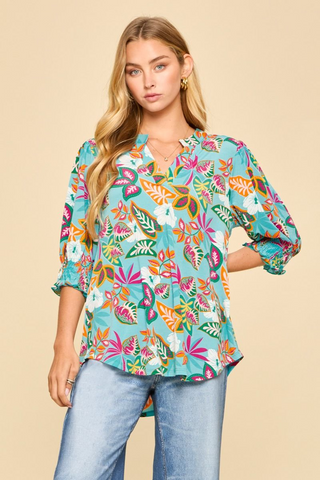 Tropical Floral Print Smocked Lizzy Top