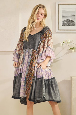 Washed Mix Printed Tiered Ruffle Tunic Top Dress - Black Multi