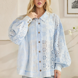 Washed Eyelet Mix Button Down Collard Shirt - Lt Blue PREORDER