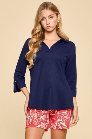 Solid 3/4 Sleeve Sail Away Top - Coastal Navy  - PREORDER