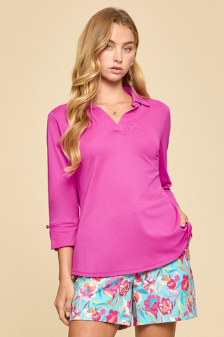 Solid 3/4 Sleeve Sail Away Top - Crushed Magenta  - PREORDER