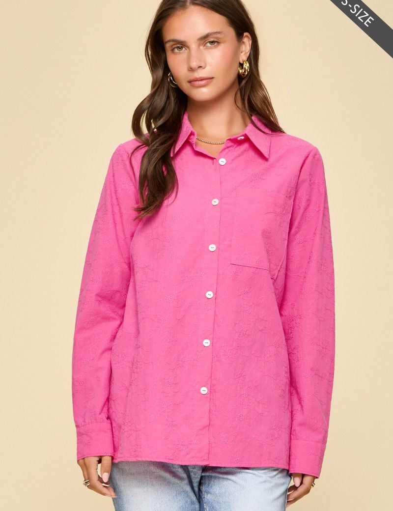 Bailey Embroidered Button Up Top - Hot Pink/Off White PREORDER