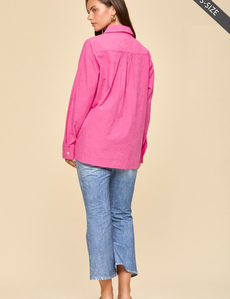 Bailey Embroidered Button Up Top - Hot Pink/Off White PREORDER