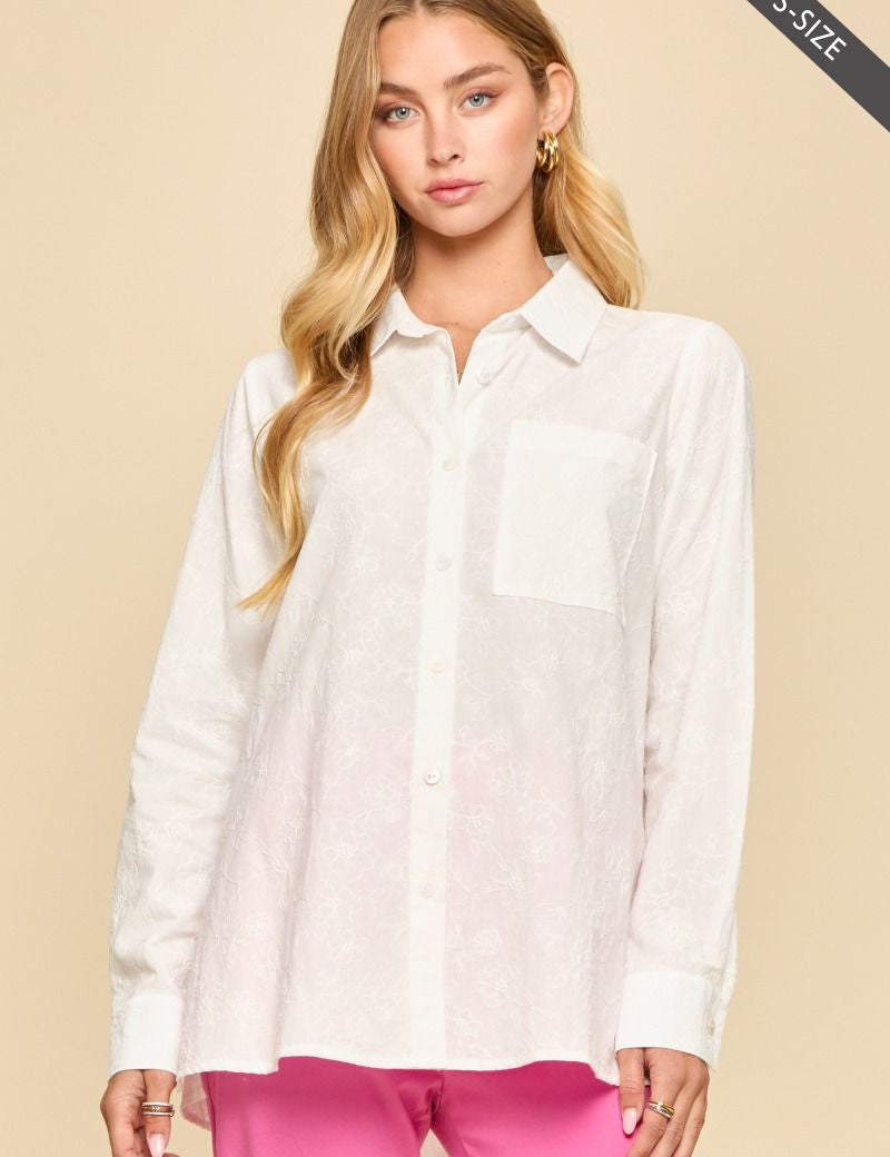 Bailey Embroidered Button Up Top - Hot Pink/Off White PREORDER