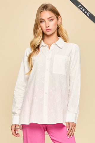 Bailey Embroidered Button Up Top - Hot Pink/Off White PREORDER