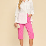 Bailey Embroidered Button Up Top - Hot Pink/Off White PREORDER