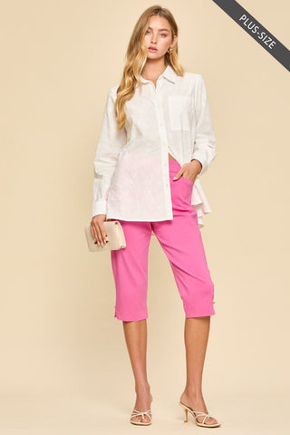 Bailey Embroidered Button Up Top - Hot Pink/Off White PREORDER