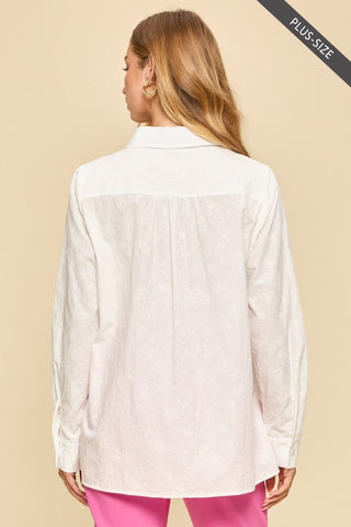 Bailey Embroidered Button Up Top - Hot Pink/Off White PREORDER
