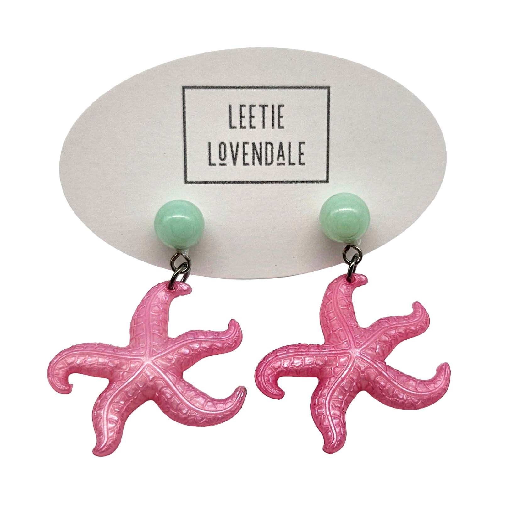 Pink starfish earrings on a white background with 'Leetie Lovendale' branding.