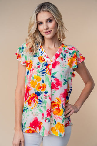 White Birch Flutter Sleeve Floral Top - FINAL SALE