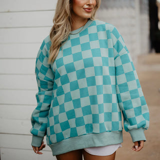 Teal Checkered Printed All Over Sweatshirt  - PREORDER