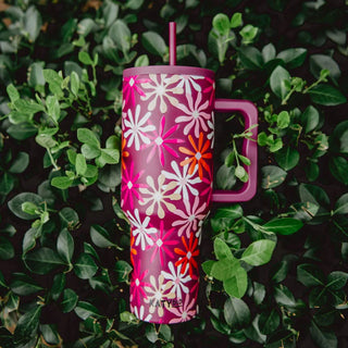 Multicolored Maroon Floral 38 Oz Tumbler Cup w/ Handle  - PREORDER