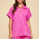 Half Zipper Top And Pleated Shorts Set - Glow Pink - FINAL SALE