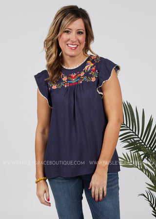 Here Comes The Bloom Embroidered Top-NAVY - FINAL SALE