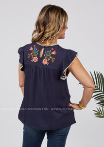 Here Comes The Bloom Embroidered Top-NAVY - FINAL SALE
