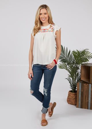 Here Comes The Bloom Embroidered Top-WHITE - FINAL SALE