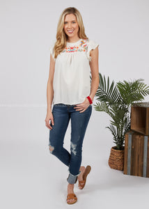 Here Comes The Bloom Embroidered Top-WHITE  - FINAL SALE