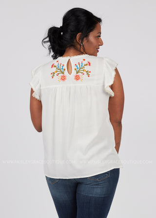 Here Comes The Bloom Embroidered Top-WHITE - FINAL SALE