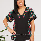 Floral Line Embroidered Top-BLACK - LAST ONES FINAL SALE