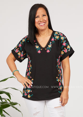 Floral Line Embroidered Top-BLACK  - FINAL SALE