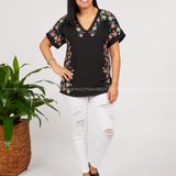 Floral Line Embroidered Top-BLACK - LAST ONES FINAL SALE