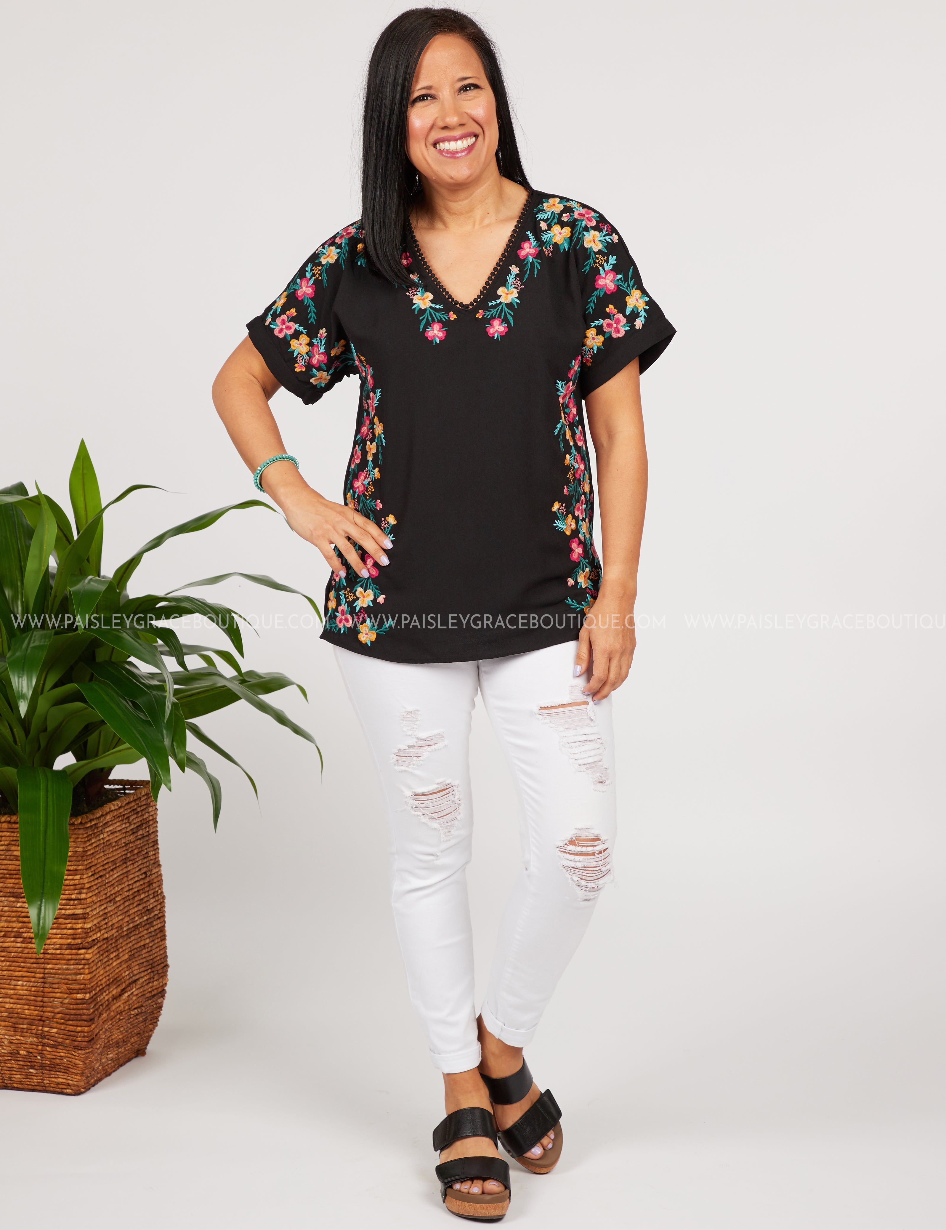 Floral Line Embroidered Top-BLACK - LAST ONES FINAL SALE
