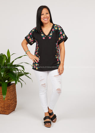 Floral Line Embroidered Top-BLACK  - FINAL SALE