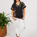 Floral Line Embroidered Top-BLACK - LAST ONES FINAL SALE