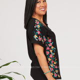 Floral Line Embroidered Top-BLACK - LAST ONES FINAL SALE