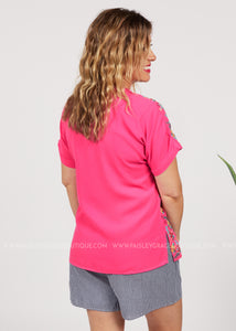 Floral Line Embroidered Top-PINK  - FINAL SALE