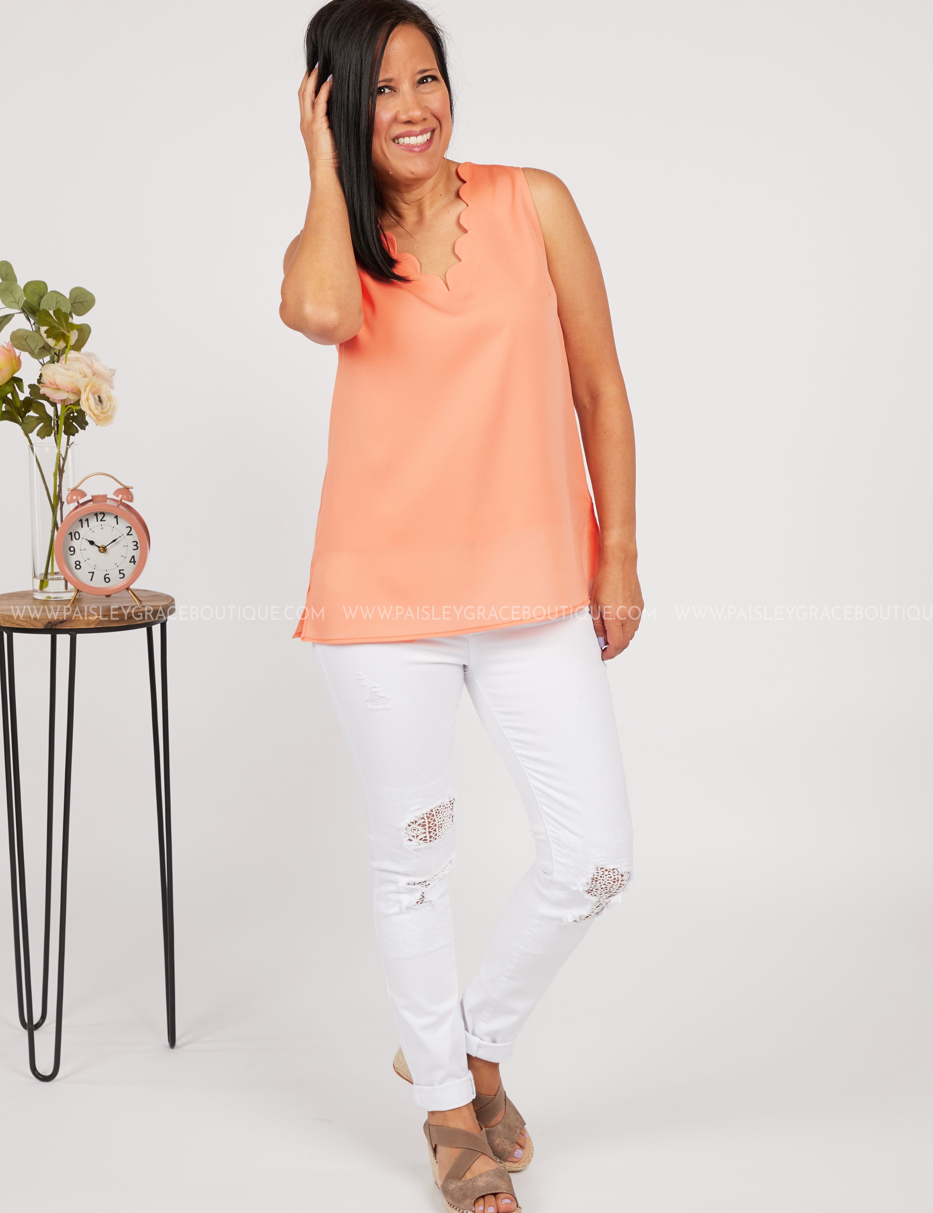 Rachel Scalloped Tank-CORAL - LAST ONES FINAL SALE