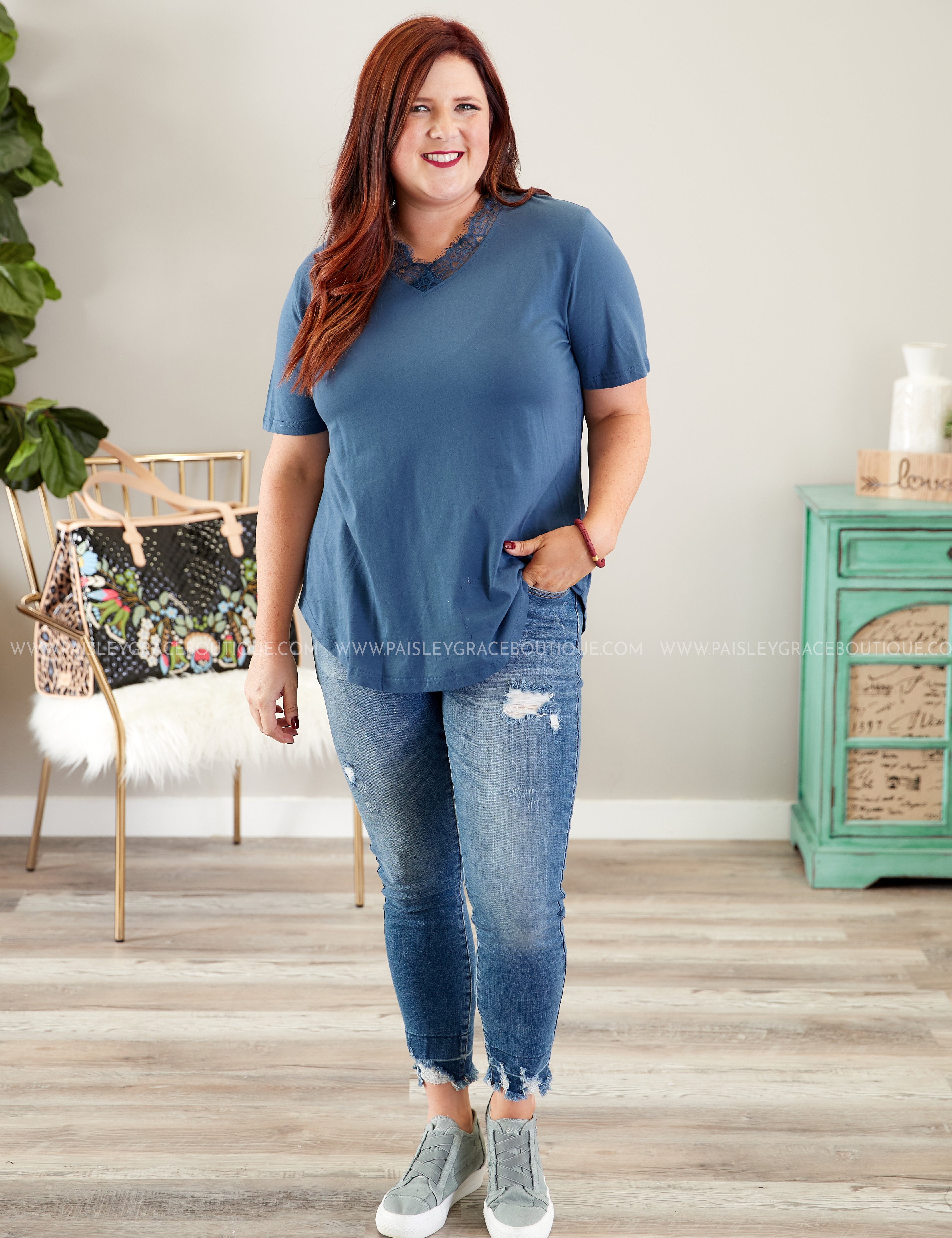 Dahlia Lace Top- STEEL BLUE  - LAST ONES FINAL SALE