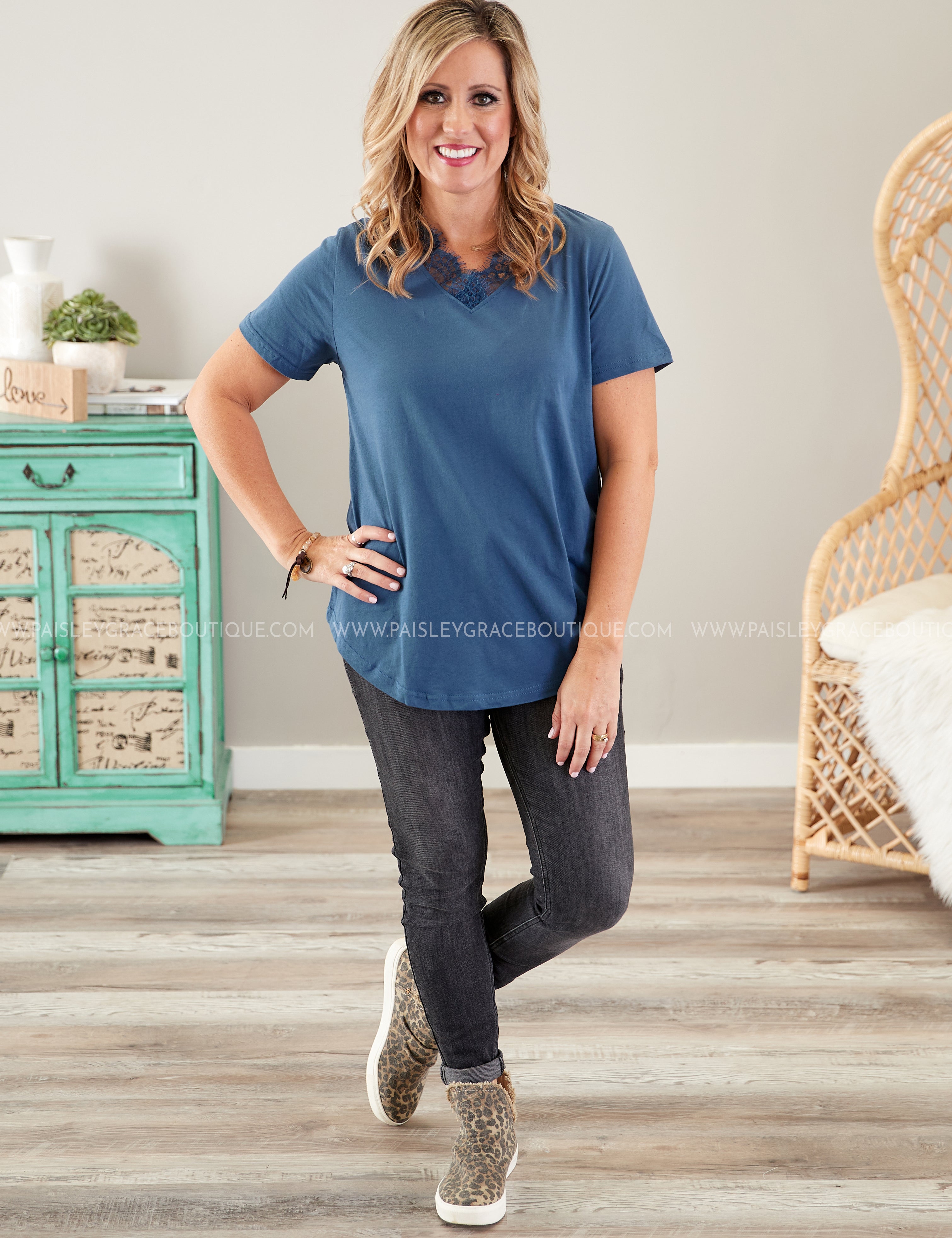Dahlia Lace Top- STEEL BLUE  - LAST ONES FINAL SALE
